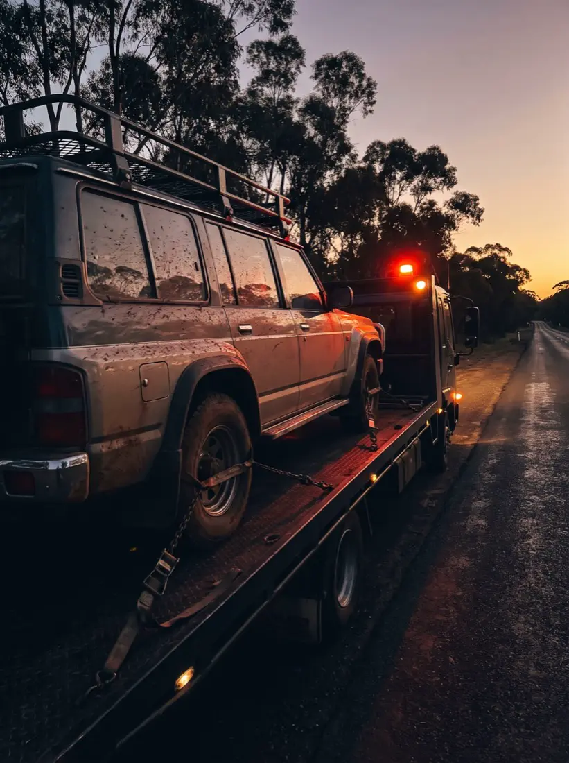 Dusty 4WD strapped on the tilt tray at dusk on a rural highway