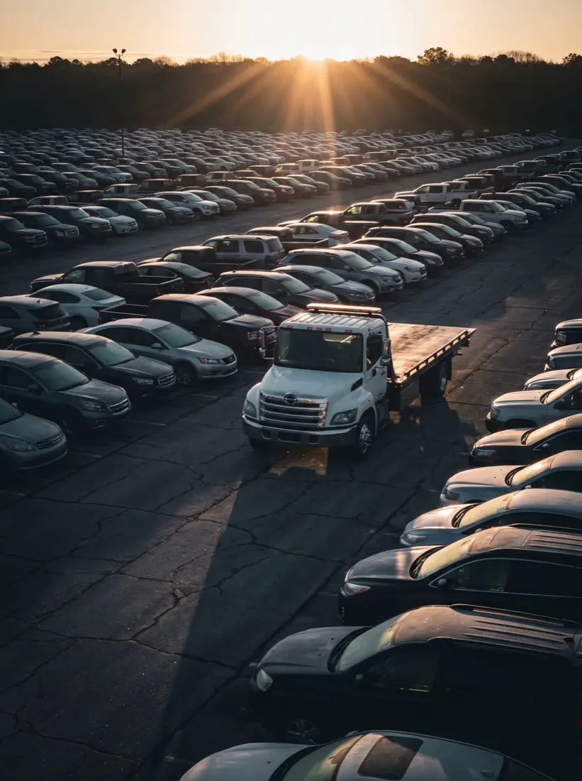 Rows of cars at an auction yard at dawn with the tray waiting
