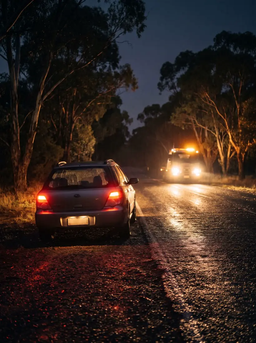 Hatchback with hazard lights on a dark roadside as the tow truck arrives