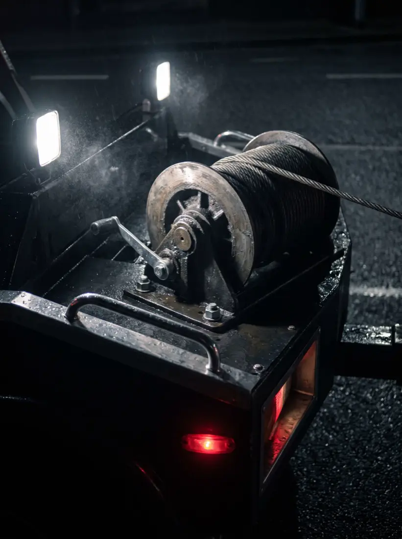 Winch drum and taut steel cable on the tray at night